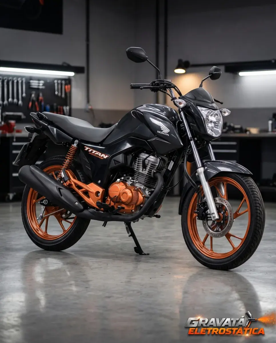 Simulação visual de motocicleta com rodas e componentes em cobre metálico